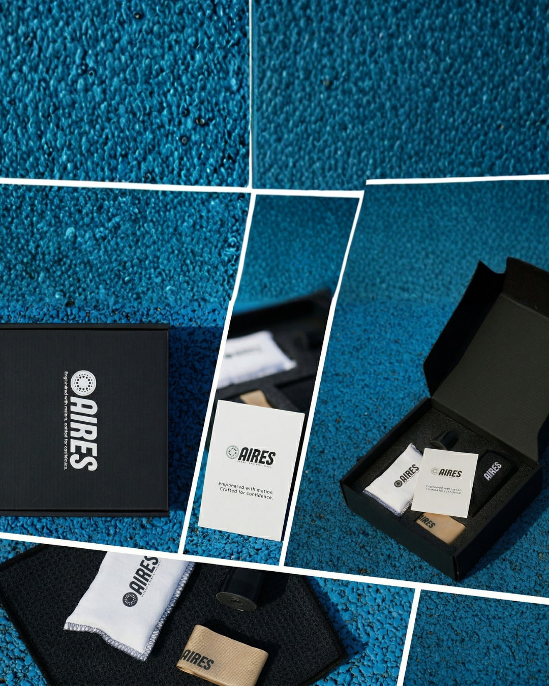 Black gift box with AIRES logo, microfiber cloths, and accessories on blue textured background