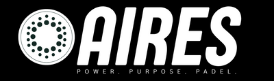 White AIRES text logo with circular dotted design and the words Power Purpose Padel on black background