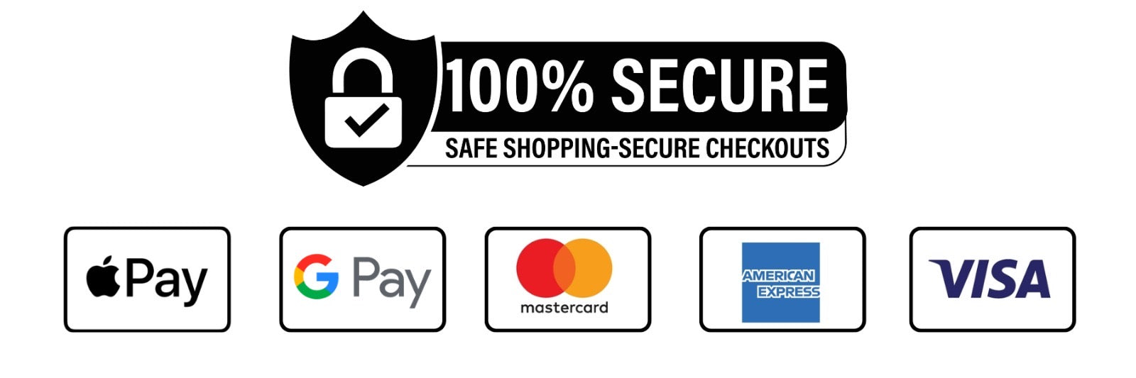 Secure payments banner with lock icon and logos for Apple Pay, Google Pay, Mastercard, Amex, and Visa