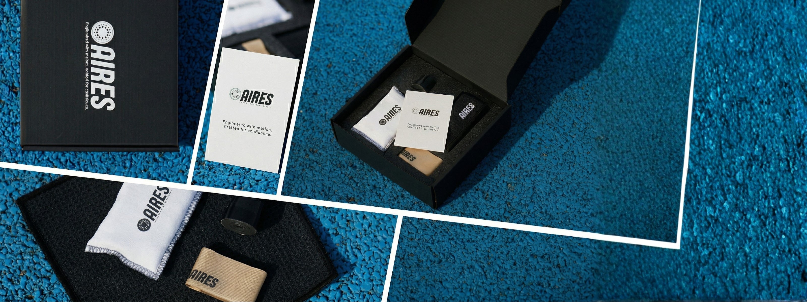 Luxury gift box with branded accessories and cleaning cloth on blue textured surface